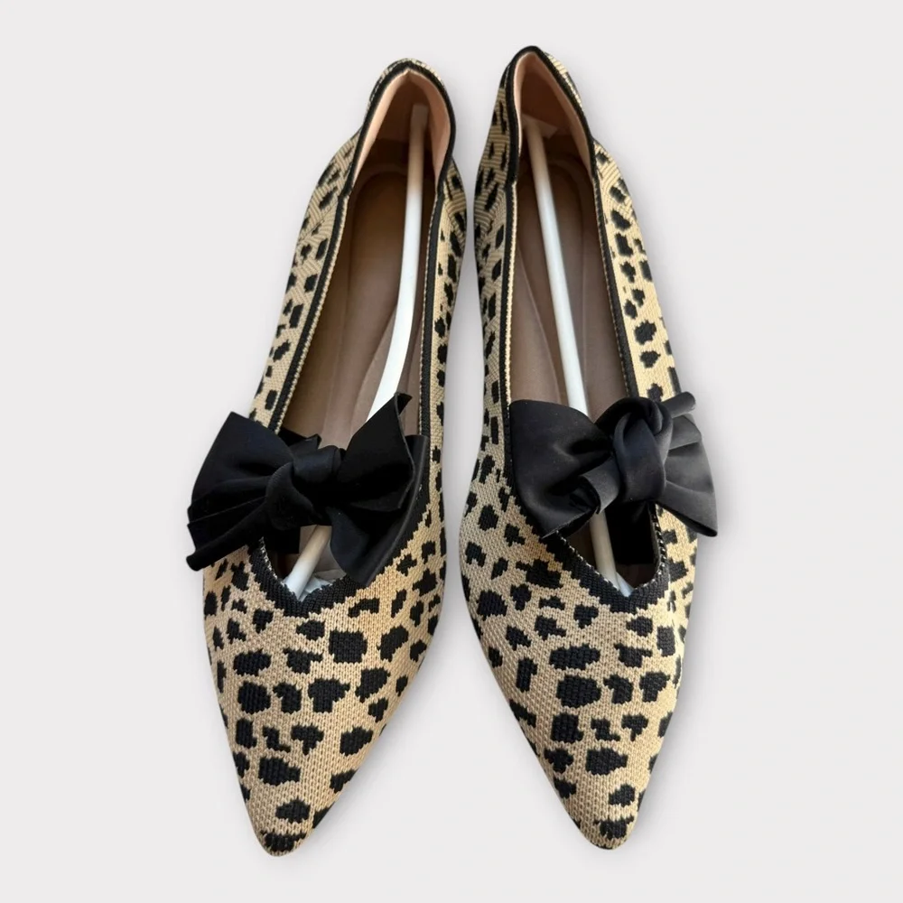 New! Breathable Mesh Knit Ballet Flat Bow Pointed Toe Slip On Leopard Shoes